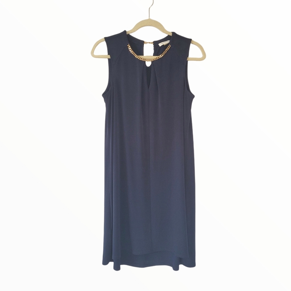 CALVIN KLEIN Sleeveless Navy A-Line Mini Dress w/Gold Chain Accents